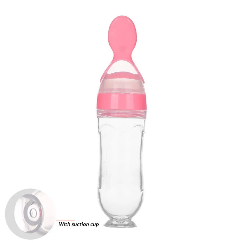 Safe silicone baby feeding spoon bottle in various colors for easy, mess-free toddler feeding
