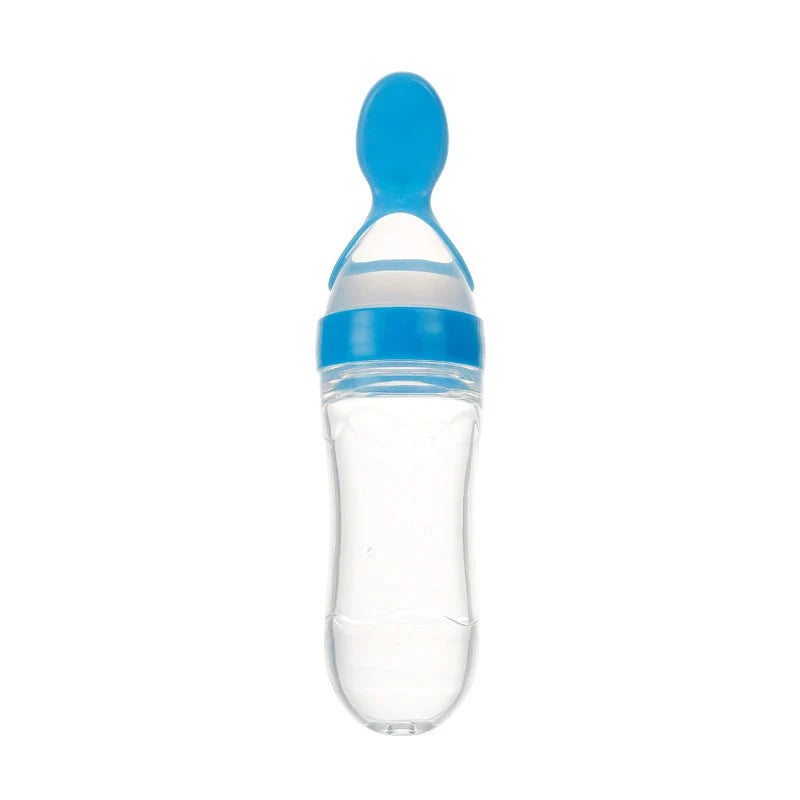 Safe silicone baby feeding spoon bottle in various colors for easy, mess-free toddler feeding