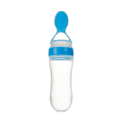 Safe silicone baby feeding spoon bottle in various colors for easy, mess-free toddler feeding