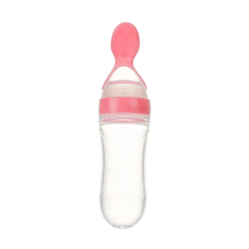 Safe silicone baby feeding spoon bottle in various colors for easy, mess-free toddler feeding
