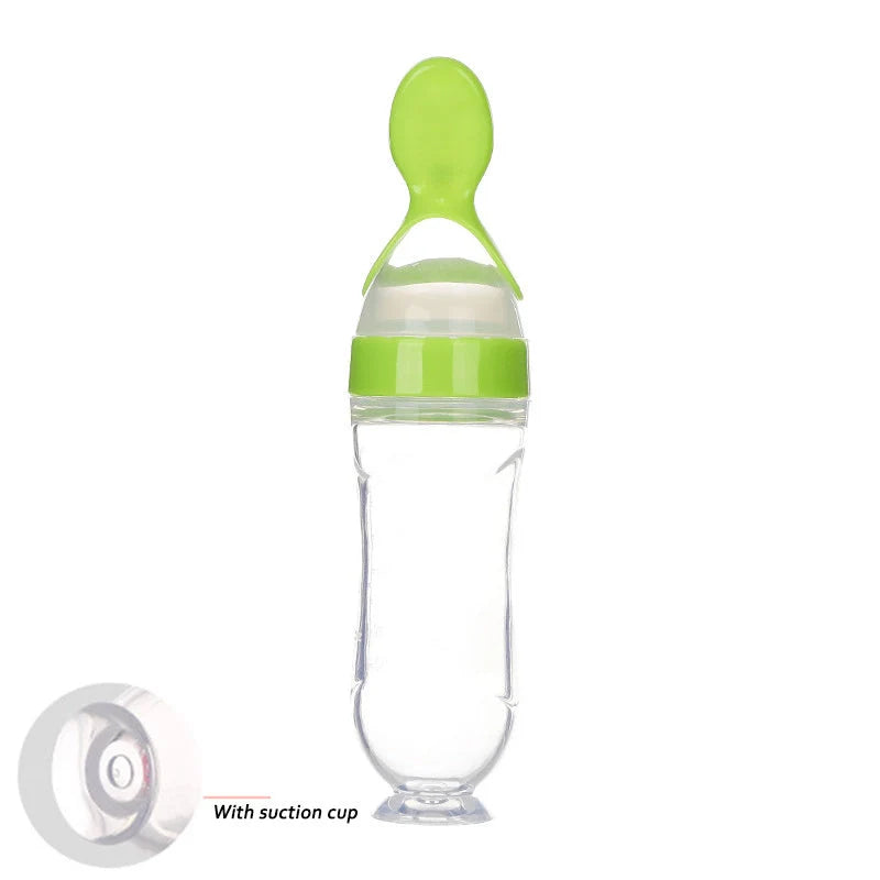 Safe silicone baby feeding spoon bottle in various colors for easy, mess-free toddler feeding