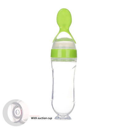 Safe silicone baby feeding spoon bottle in various colors for easy, mess-free toddler feeding