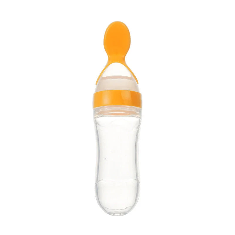 Safe silicone baby feeding spoon bottle in various colors for easy, mess-free toddler feeding
