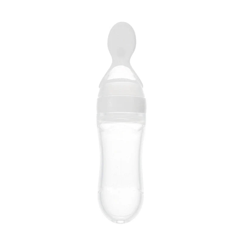 Safe silicone baby feeding spoon bottle in various colors for easy, mess-free toddler feeding
