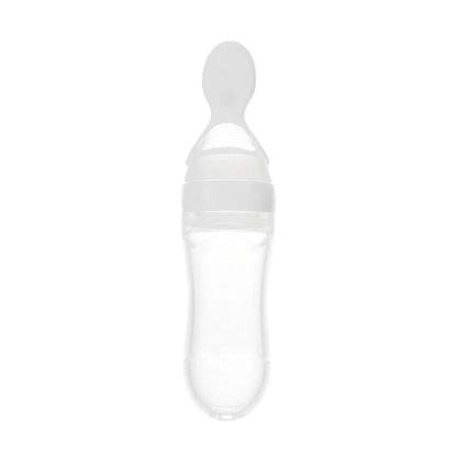 Safe silicone baby feeding spoon bottle in various colors for easy, mess-free toddler feeding