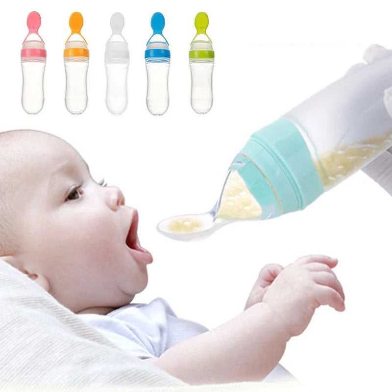 Safe silicone baby feeding spoon bottle in various colors for easy, mess-free toddler feeding