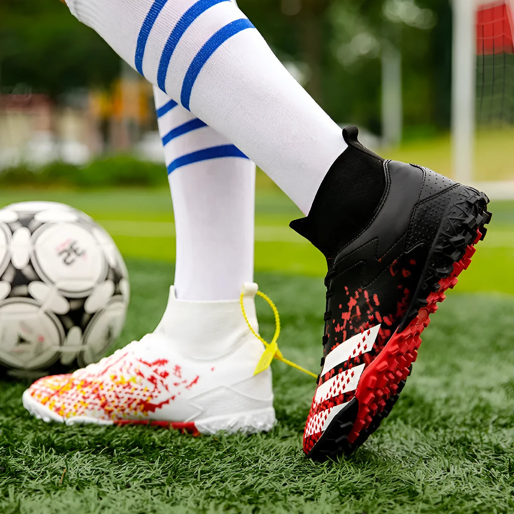 High-top student football shoes with PU upper and rubber sole in black colour option