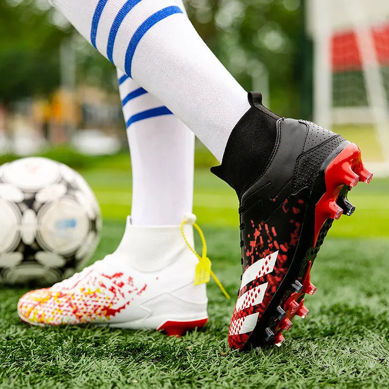 High-top student football shoes with PU upper and rubber sole in black colour option