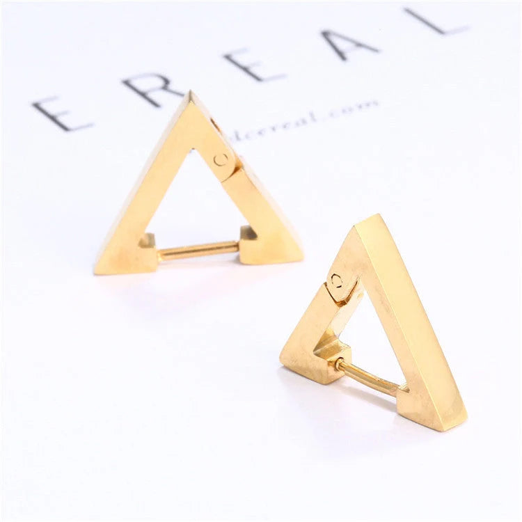 Stainless steel triangular hoop earrings in white, black, and gold