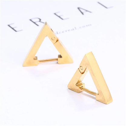 Stainless steel triangular hoop earrings in white, black, and gold