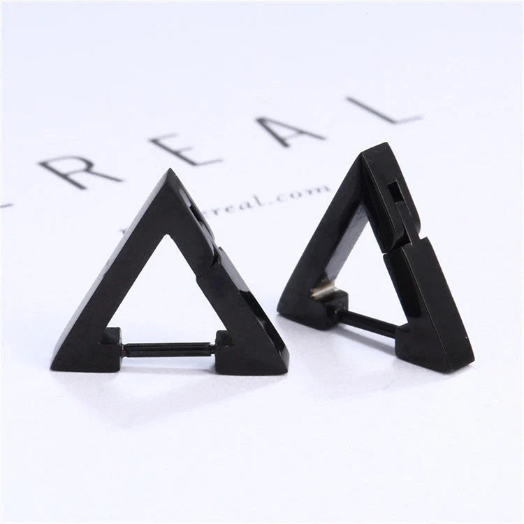 Stainless steel triangular hoop earrings in white, black, and gold