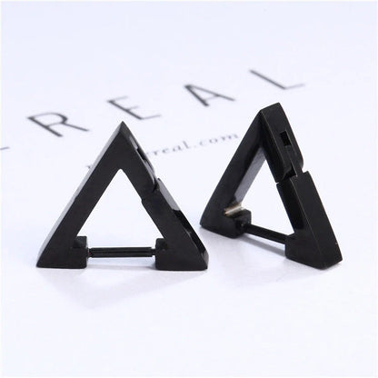 Stainless steel triangular hoop earrings in white, black, and gold