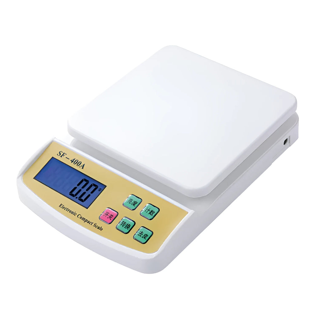 SF-400A electronic digital kitchen scale with 10kg maximum capacity on a kitchen worktop.
