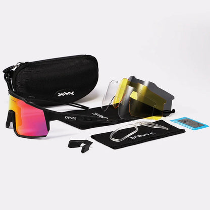 Cycling glasses with polarized lenses and TR90 frame, including four interchangeable lenses for various light conditions