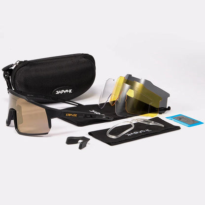 Cycling glasses with polarized lenses and TR90 frame, including four interchangeable lenses for various light conditions