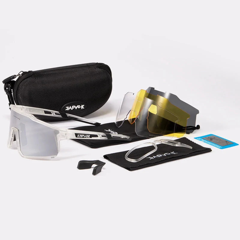 Cycling glasses with polarized lenses and TR90 frame, including four interchangeable lenses for various light conditions