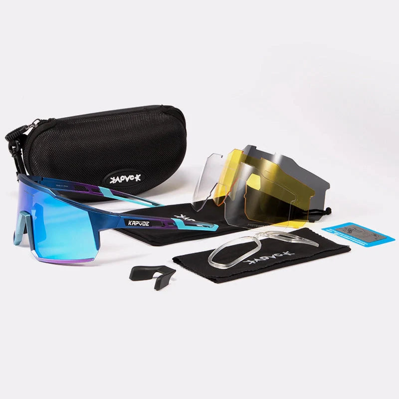 Cycling glasses with polarized lenses and TR90 frame, including four interchangeable lenses for various light conditions
