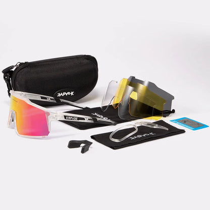 Cycling glasses with polarized lenses and TR90 frame, including four interchangeable lenses for various light conditions