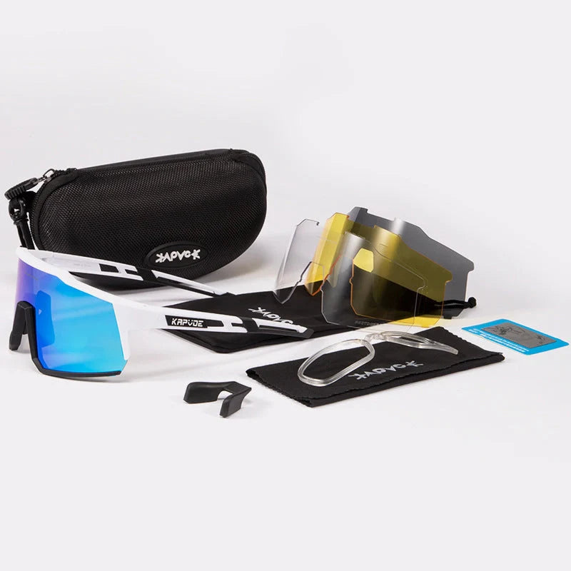 Cycling glasses with polarized lenses and TR90 frame, including four interchangeable lenses for various light conditions