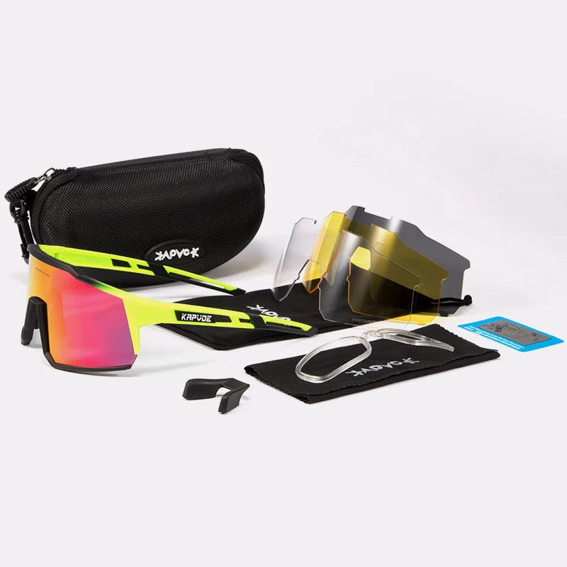Cycling glasses with polarized lenses and TR90 frame, including four interchangeable lenses for various light conditions