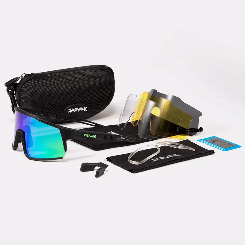 Cycling glasses with polarized lenses and TR90 frame, including four interchangeable lenses for various light conditions