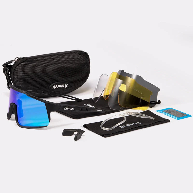Cycling glasses with polarized lenses and TR90 frame, including four interchangeable lenses for various light conditions