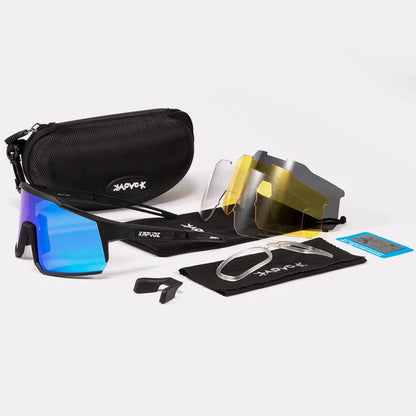 Cycling glasses with polarized lenses and TR90 frame, including four interchangeable lenses for various light conditions