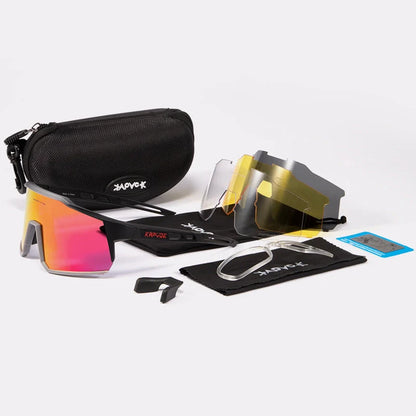 Cycling glasses with polarized lenses and TR90 frame, including four interchangeable lenses for various light conditions