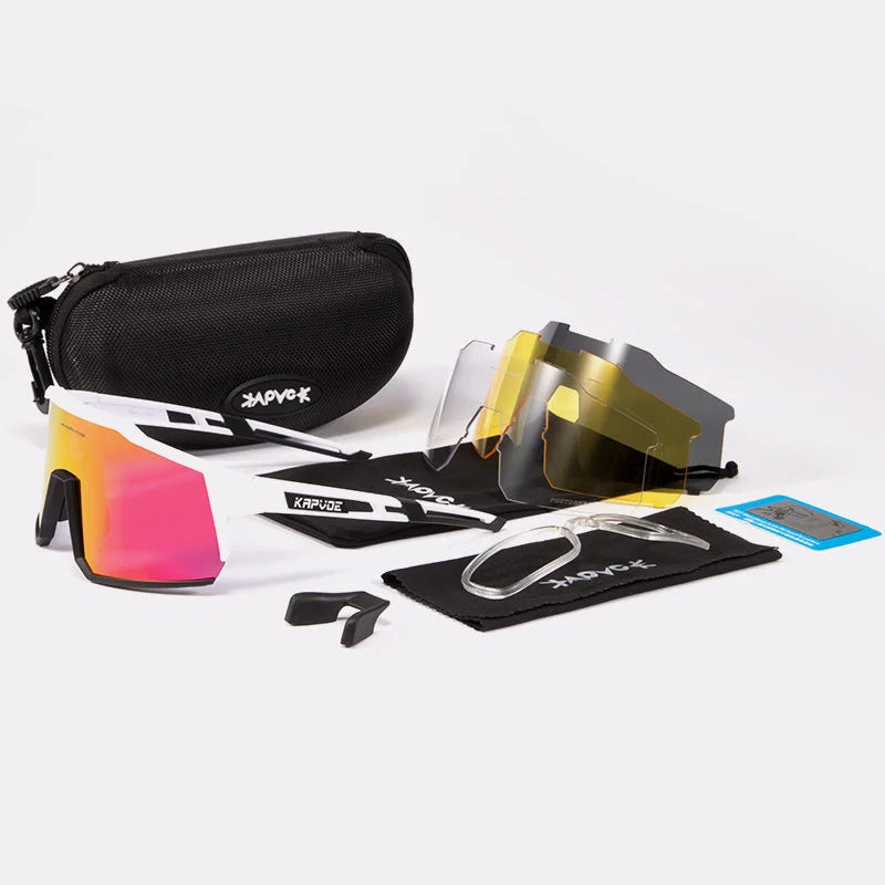 Cycling glasses with polarized lenses and TR90 frame, including four interchangeable lenses for various light conditions