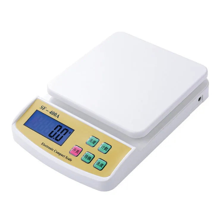 SF-400A electronic digital kitchen scale with 10kg maximum capacity on a kitchen worktop.
