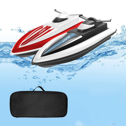 High-speed RC racing boat in red and black with dual motor and waterproof design