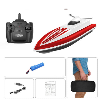High-speed RC racing boat in red and black with dual motor and waterproof design