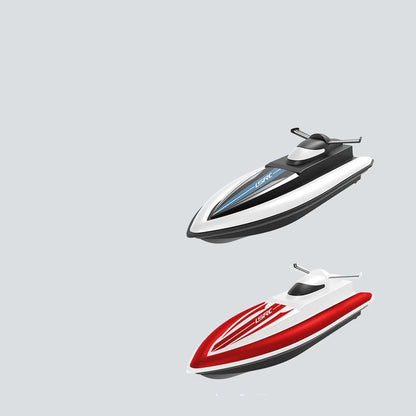 High-speed RC racing boat in red and black with dual motor and waterproof design