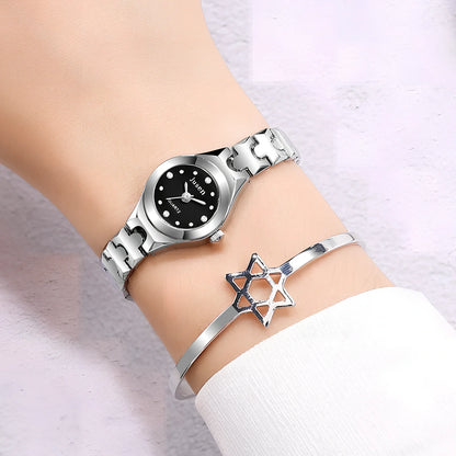 Small round dial quartz ladies watch in alloy with stainless steel buckle, 20mm diameter and 8mm thick