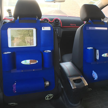 Car backseat organiser with multiple pockets measuring 40x55cm in wool felt material