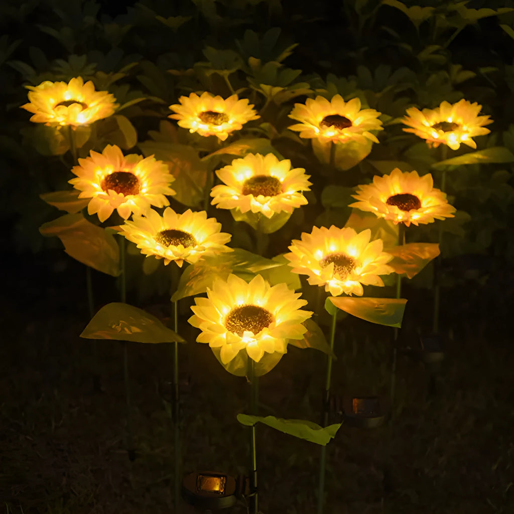 Yellow LED solar sunflower lamp on a lawn with a 66cm stem and 15cm flower head