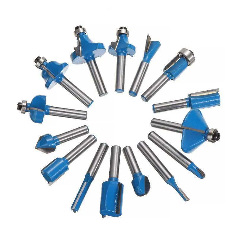5-piece woodworking milling cutter set with colour-coded handles showing 15mm ball diameter cutter heads