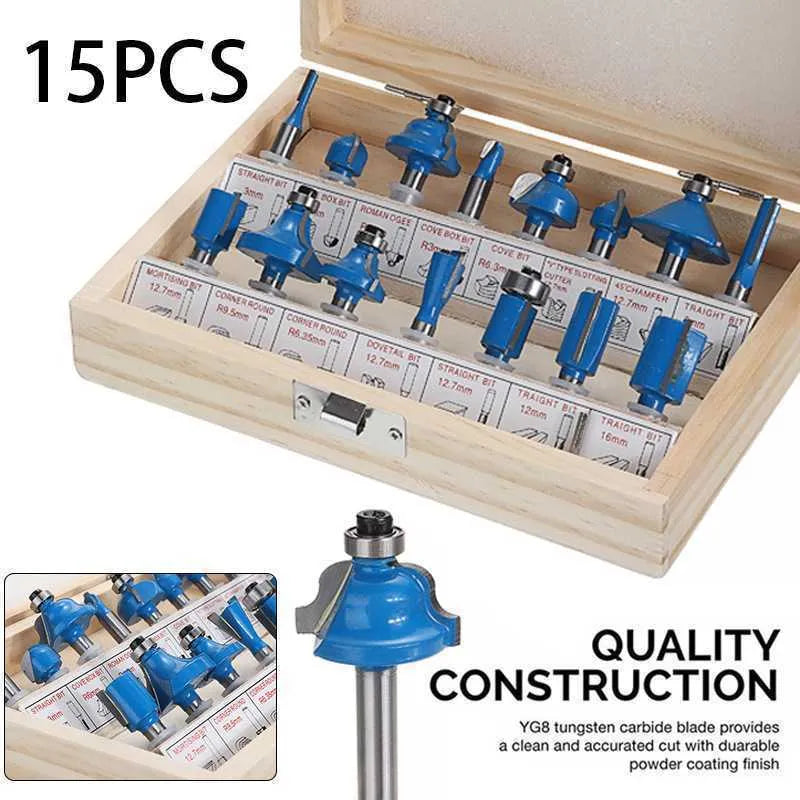 5-piece woodworking milling cutter set with colour-coded handles showing 15mm ball diameter cutter heads