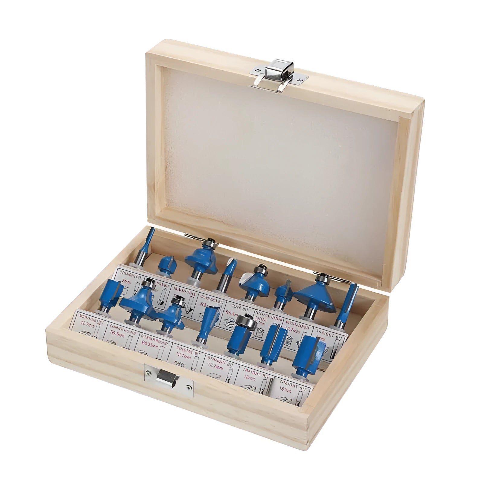 5-piece woodworking milling cutter set with colour-coded handles showing 15mm ball diameter cutter heads