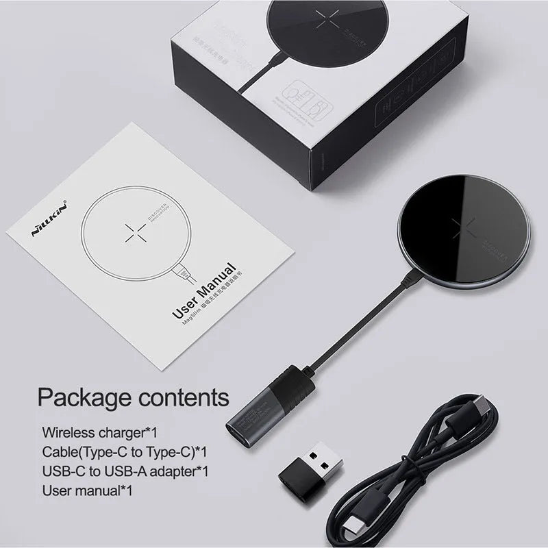 Black MagSlim NKT06 magnetic wireless phone charger on a surface.