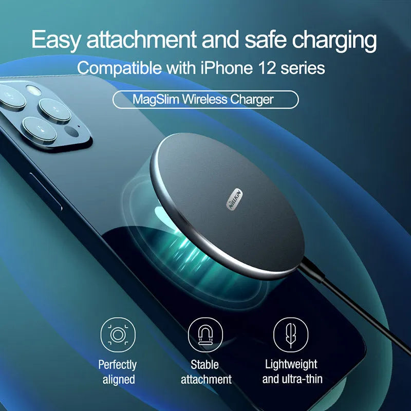 Black MagSlim NKT06 magnetic wireless phone charger on a surface.