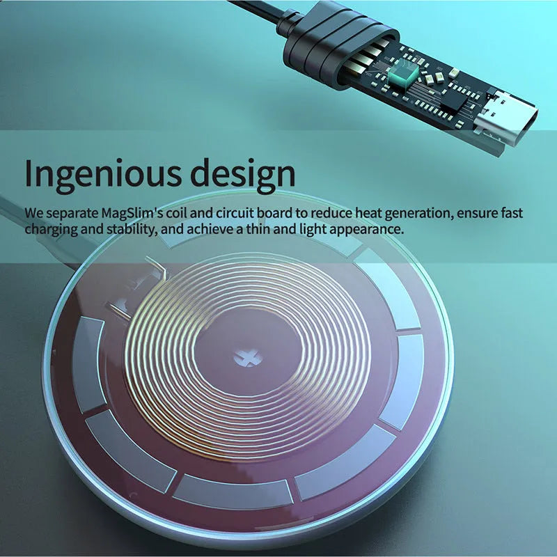 Black MagSlim NKT06 magnetic wireless phone charger on a surface.