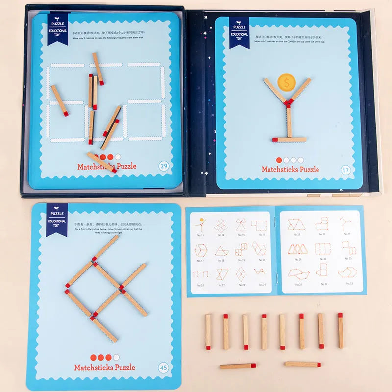Wooden educational toy with matchsticks and question cards for children's logical thinking development