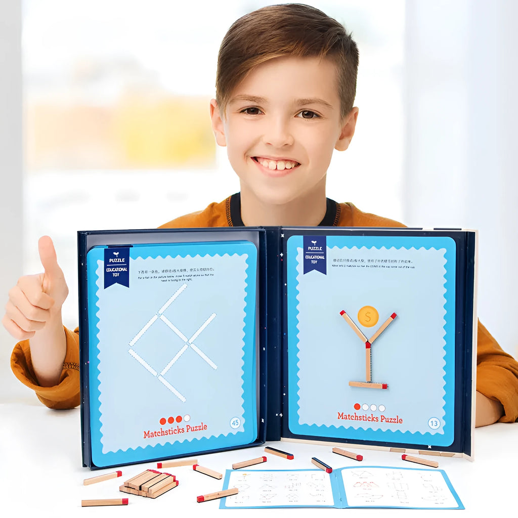 Wooden educational toy with matchsticks and question cards for children's logical thinking development