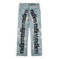 Ripped retro jeans trousers, 95% cotton, straight leg loose fit, low waist, black, embroidered and frayed