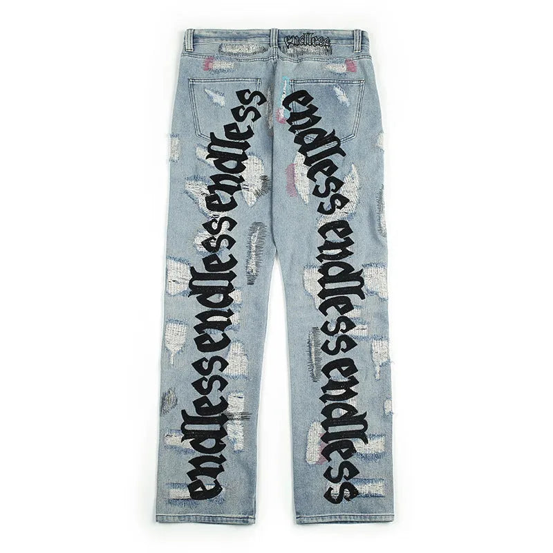 Ripped retro jeans trousers, 95% cotton, straight leg loose fit, low waist, black, embroidered and frayed