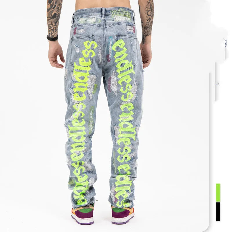 Ripped retro jeans trousers, 95% cotton, straight leg loose fit, low waist, black, embroidered and frayed