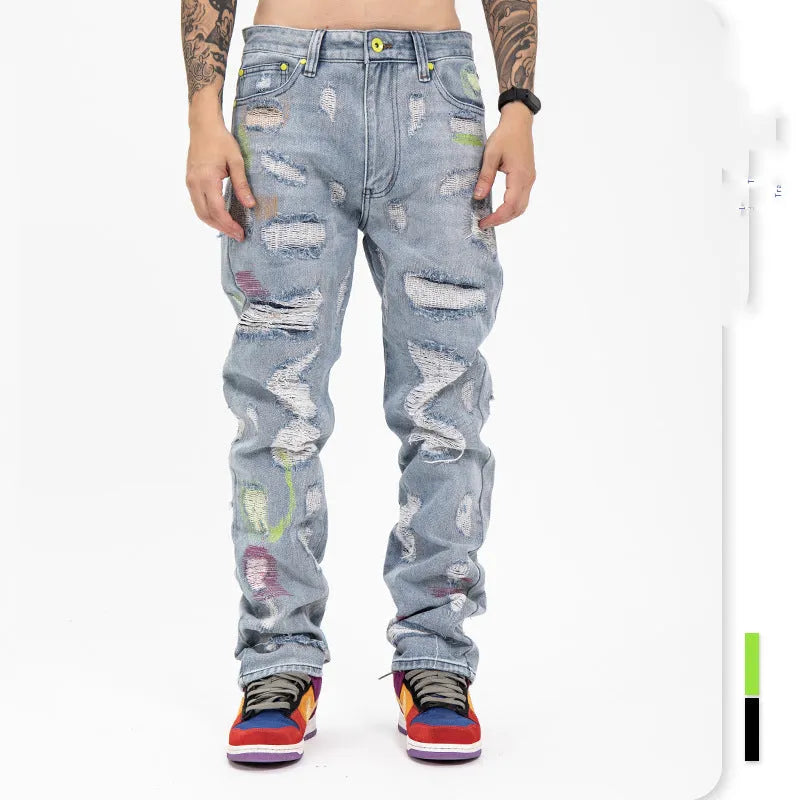 Ripped retro jeans trousers, 95% cotton, straight leg loose fit, low waist, black, embroidered and frayed