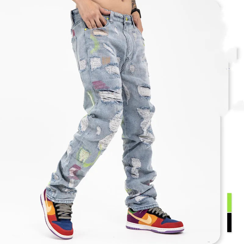Ripped retro jeans trousers, 95% cotton, straight leg loose fit, low waist, black, embroidered and frayed
