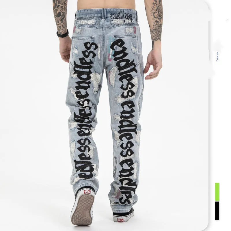 Ripped retro jeans trousers, 95% cotton, straight leg loose fit, low waist, black, embroidered and frayed